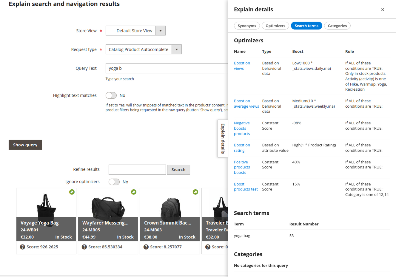 Écran Explain Elasticsuite avec informations contextuelles dans un panneau latéral redimensionnable