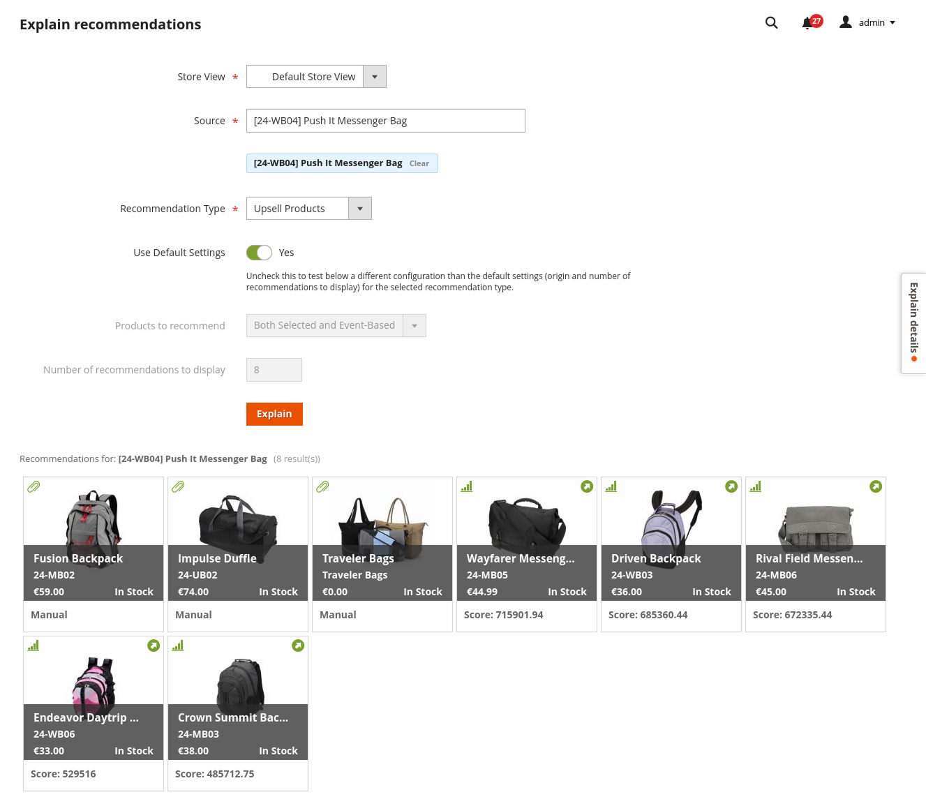 Prévisualisation Recommender Explain dans l’administration Magento
